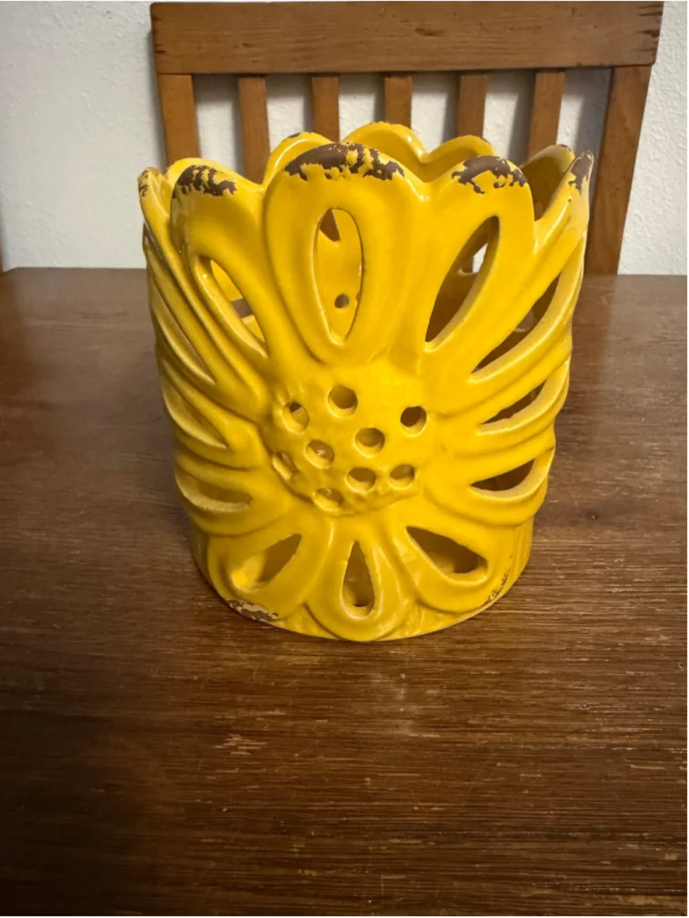 Yellow Ceramic Floral Cutout Candle Holder Luminary Distressed 6” Boho Decor